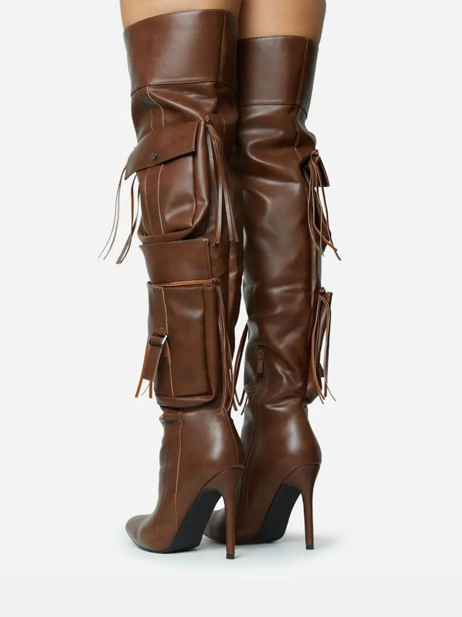 Women’s Coffee PU Fringe Pocket Side Zipper Pointed Toe Stiletto Heels Over the Knee Boots (1)