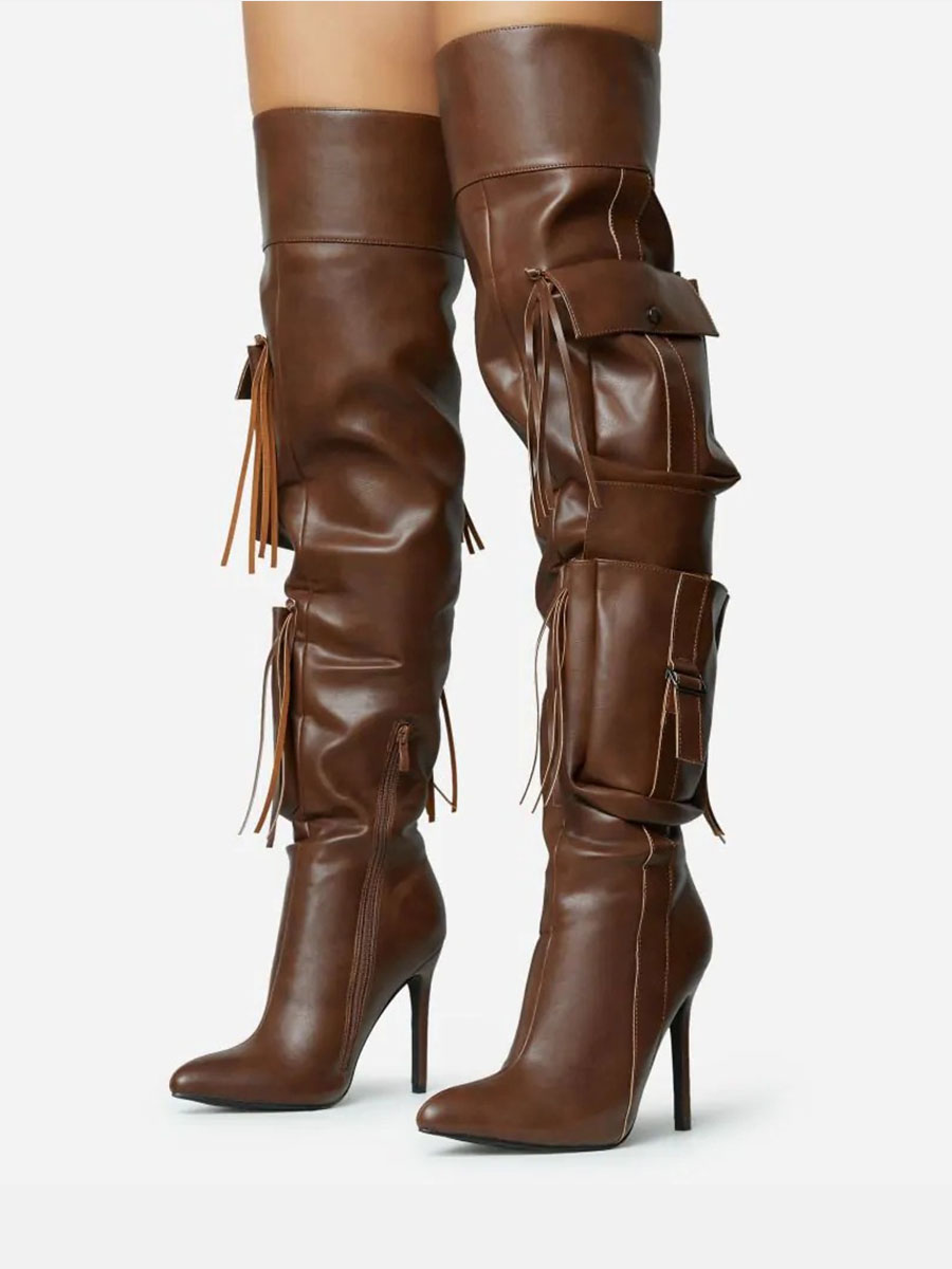 Women’s Coffee PU Fringe Pocket Side Zipper Pointed Toe Stiletto Heels Over the Knee Boots
