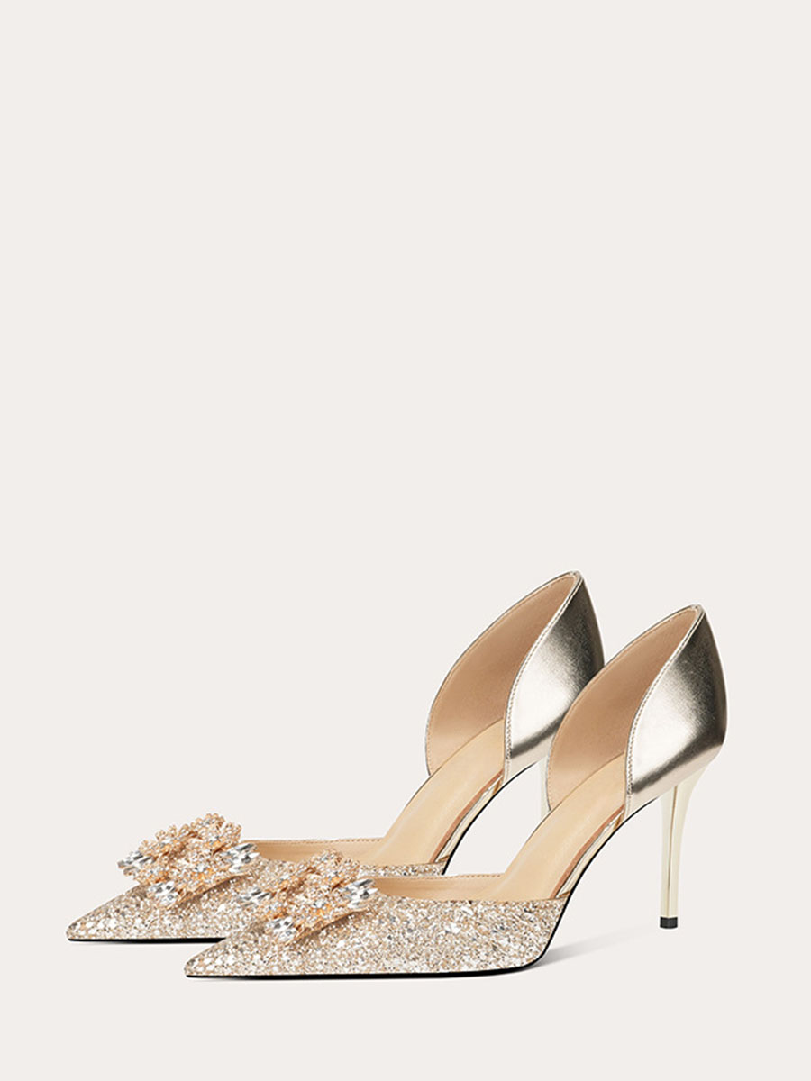 Women’s Glitter Floral Rhinestone Stiletto Heels Pointed Toe Wedding Pumps (2)