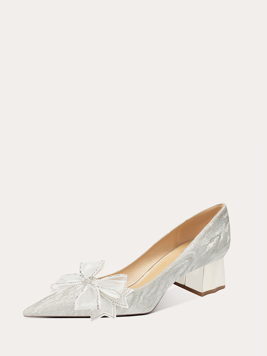 Women’s Glitter Mesh Bows Block Heels Pointed Toe Pumps (1)