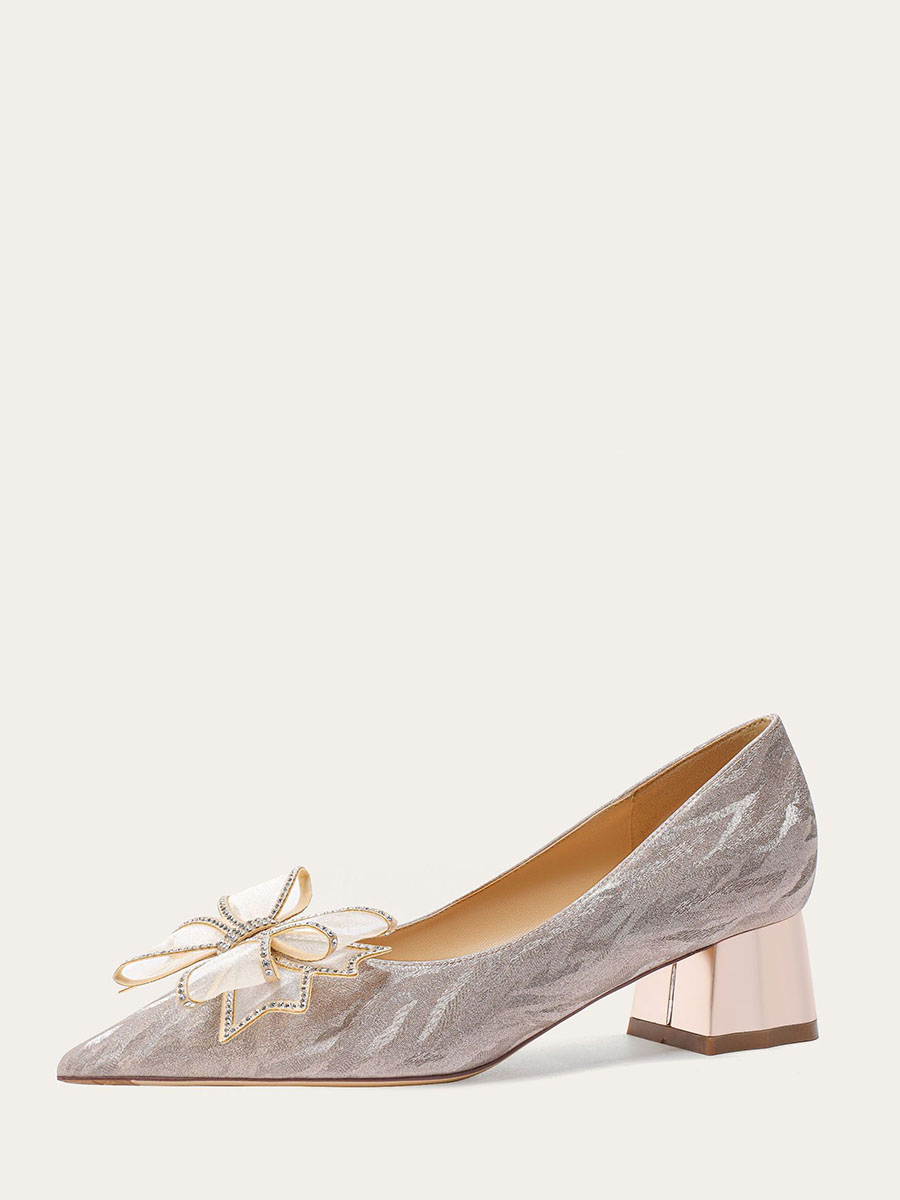 Women’s Glitter Mesh Bows Block Heels Pointed Toe Pumps