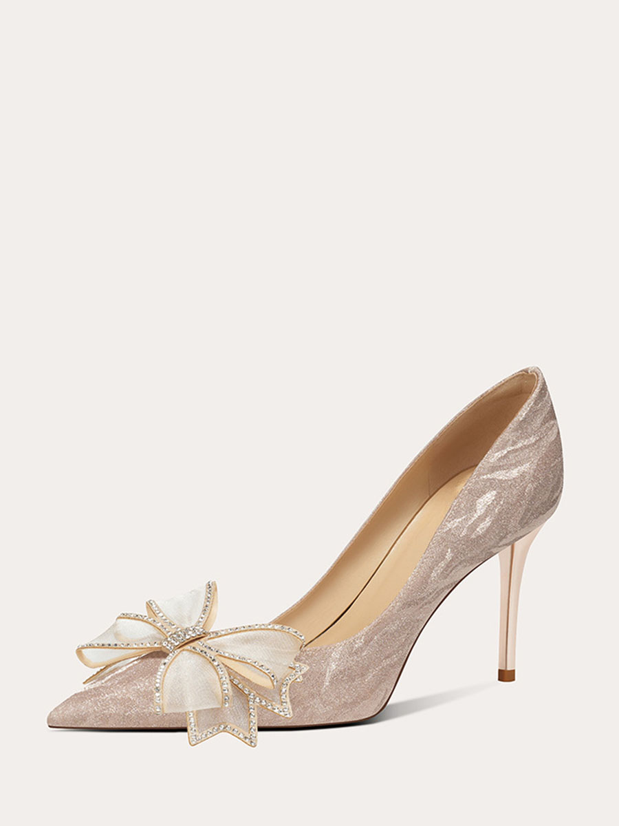 Women’s Glitter Mesh Bows Stiletto Heels Pointed Toe Pumps