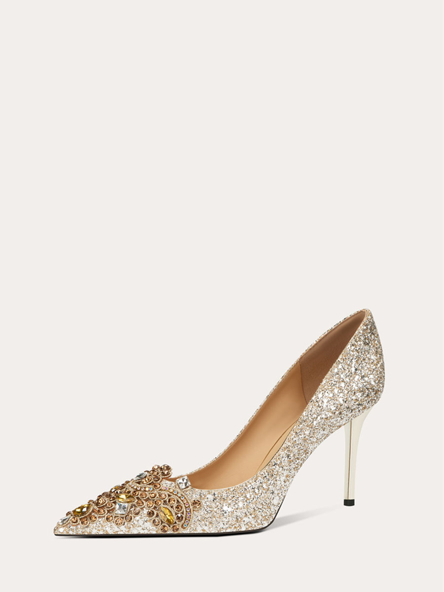 Women’s Gold Glitter Rhinestone Stiletto Heels Pointed Toe Wedding Pumps