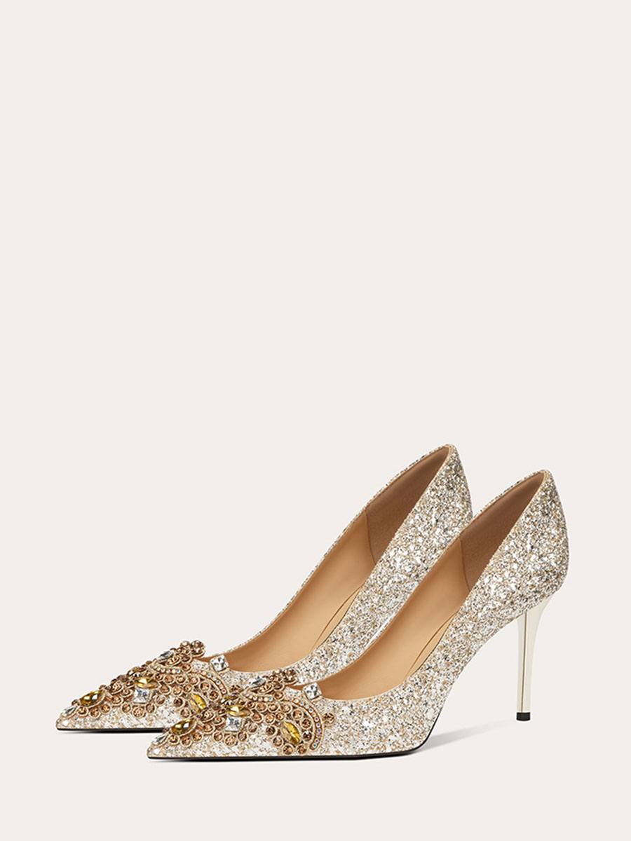Women’s Gold Glitter Rhinestone Stiletto Heels Pointed Toe Wedding Pumps (2)
