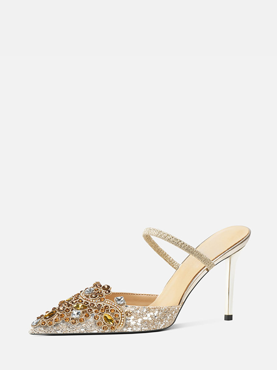 Women’s Gold Glitter Rhinestone Strap Stiletto Heels Pointed Toe Mules