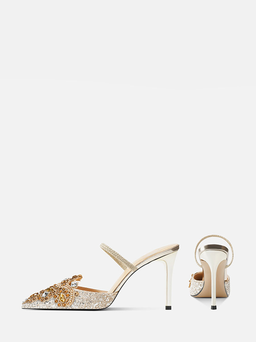 Women’s Gold Glitter Rhinestone Strap Stiletto Heels Pointed Toe Mules (2)