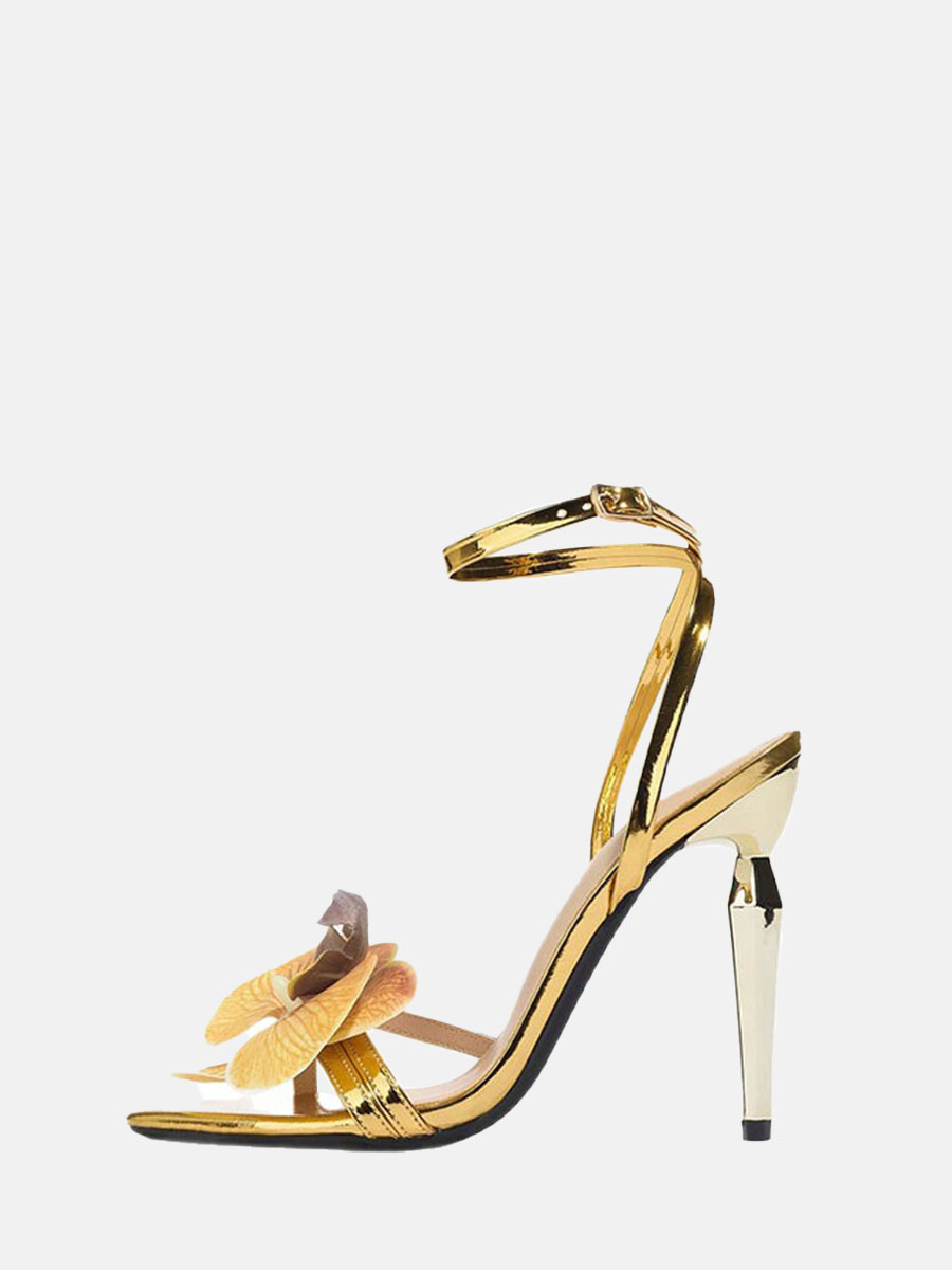 Women’s Gold Patent PU Floral Ankle Strap Stiletto Heels Open Toe Sandals
