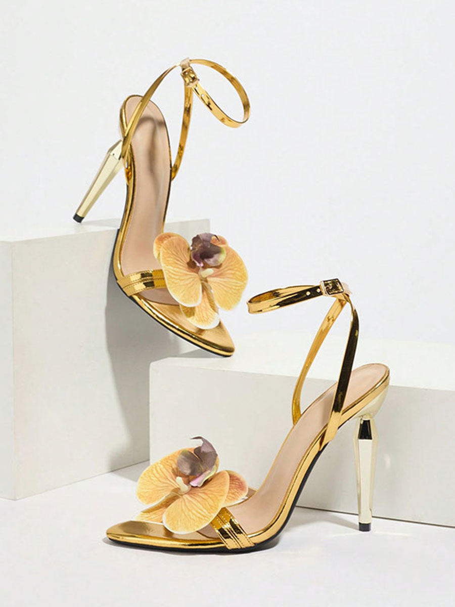 Women’s Gold Patent PU Floral Ankle Strap Stiletto Heels Open Toe Sandals (2)