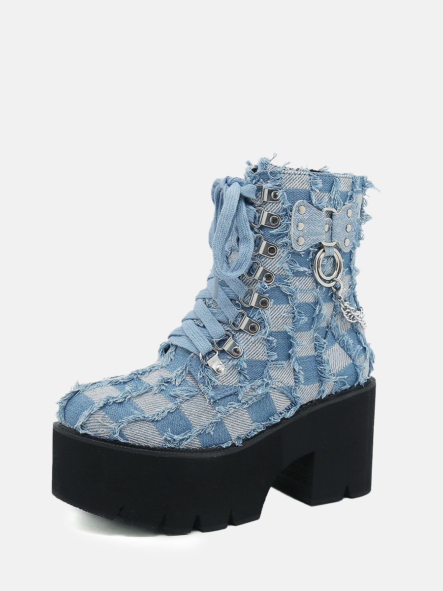 Women's Light Blue Microfiber Chains Platform Block Heels Lace-Up Combat Boots