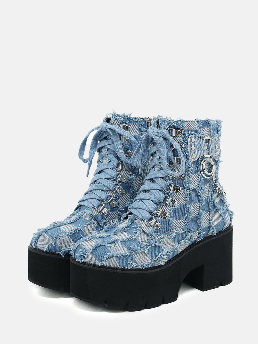 Women’s Light Blue Microfiber Chains Platform Block Heels Lace-Up Combat Boots (2)