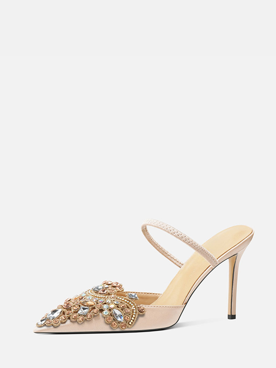 Women’s Nude Glitter Rhinestone Strap Stiletto Heels Pointed Toe Mules