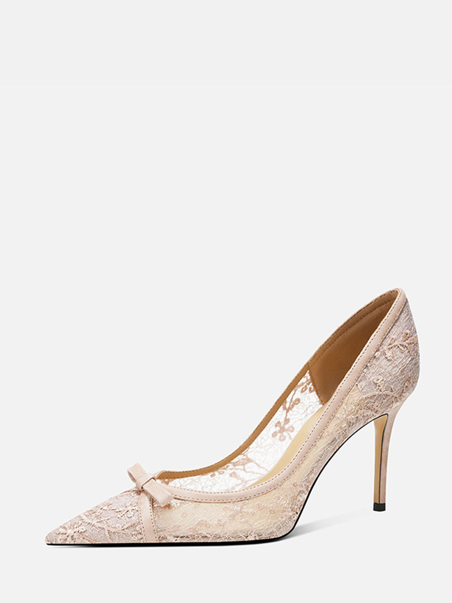 Women’s Nude Mesh Bows Rhinestone Stiletto Heels Pointed Toe Wedding Pumps