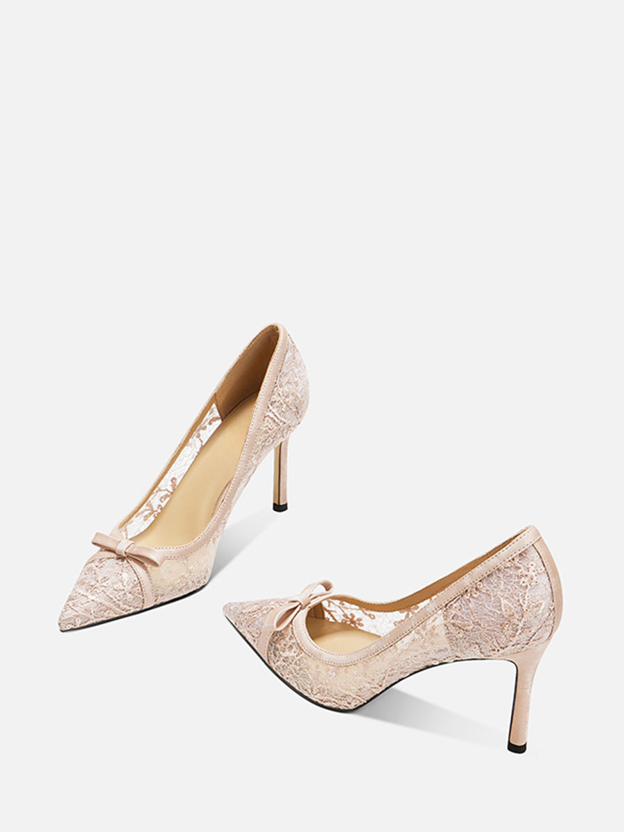 Women’s Nude Mesh Bows Rhinestone Stiletto Heels Pointed Toe Wedding Pumps (2)