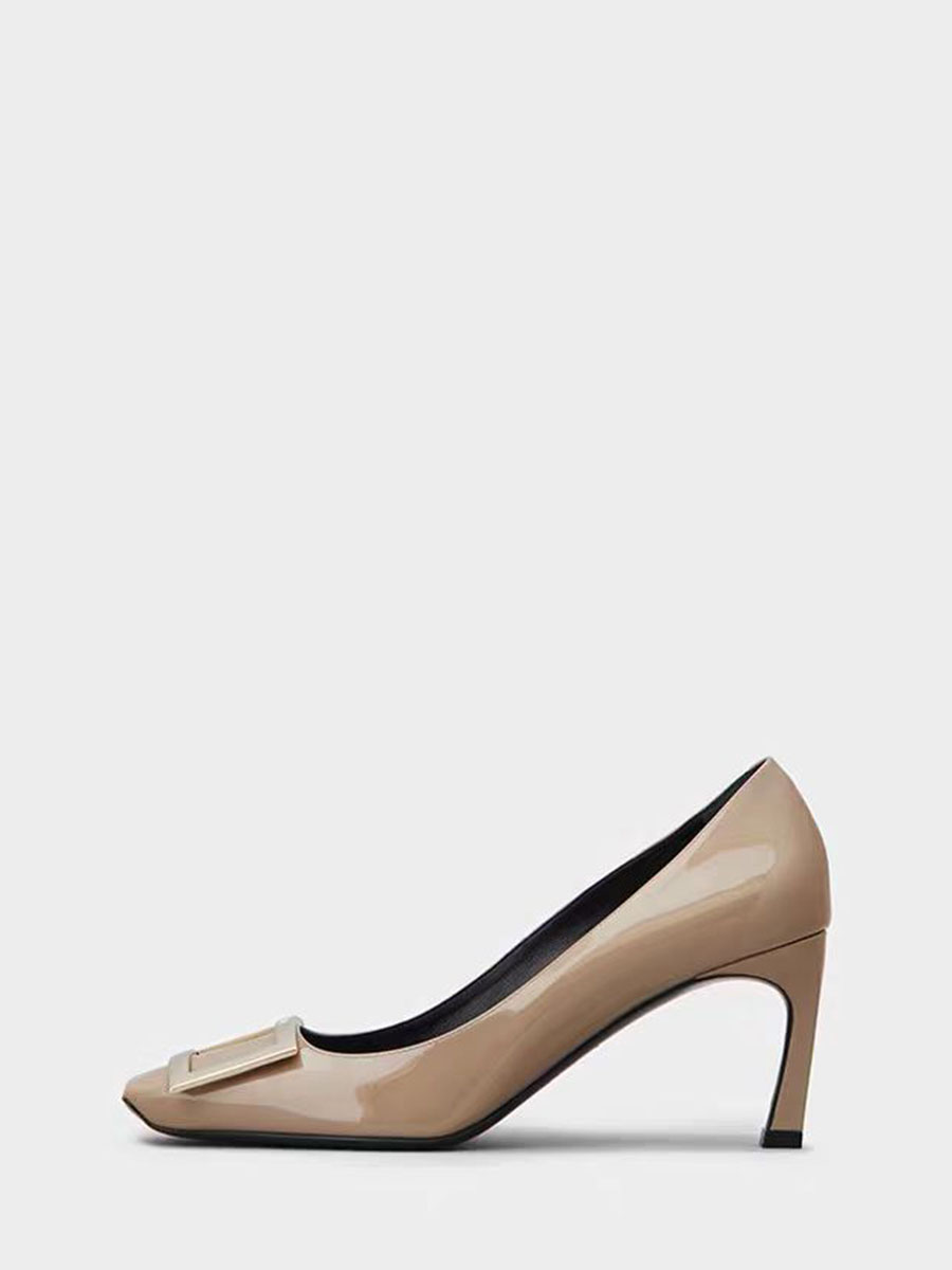 Women’s Patent Cowhide Leather Square Buckle Stiletto Heels Pumps