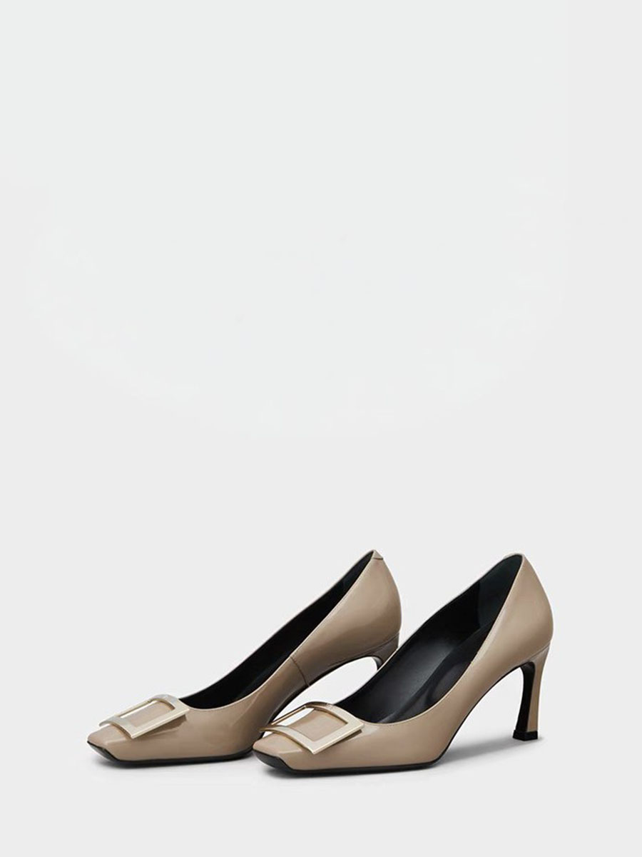 Women’s Patent Cowhide Leather Square Buckle Stiletto Heels Pumps (2)