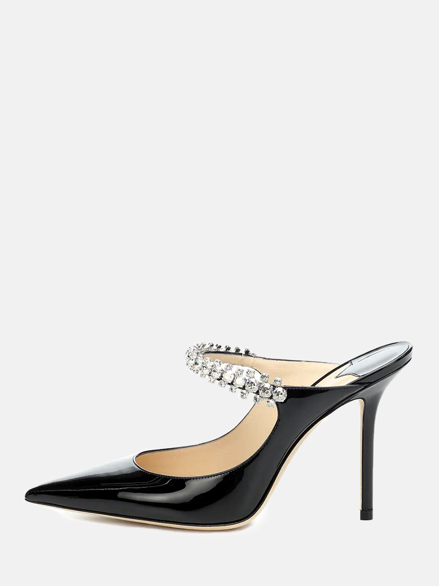 Women's Patent Leather Rhinestone Strap Pointed Toe Stiletto Heels Mules