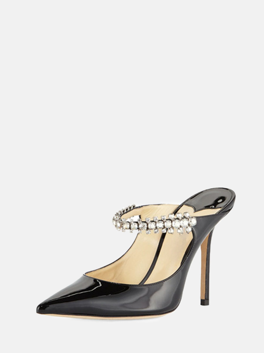 Women’s Patent Leather Rhinestone Strap Pointed Toe Stiletto Heels Mules (5)
