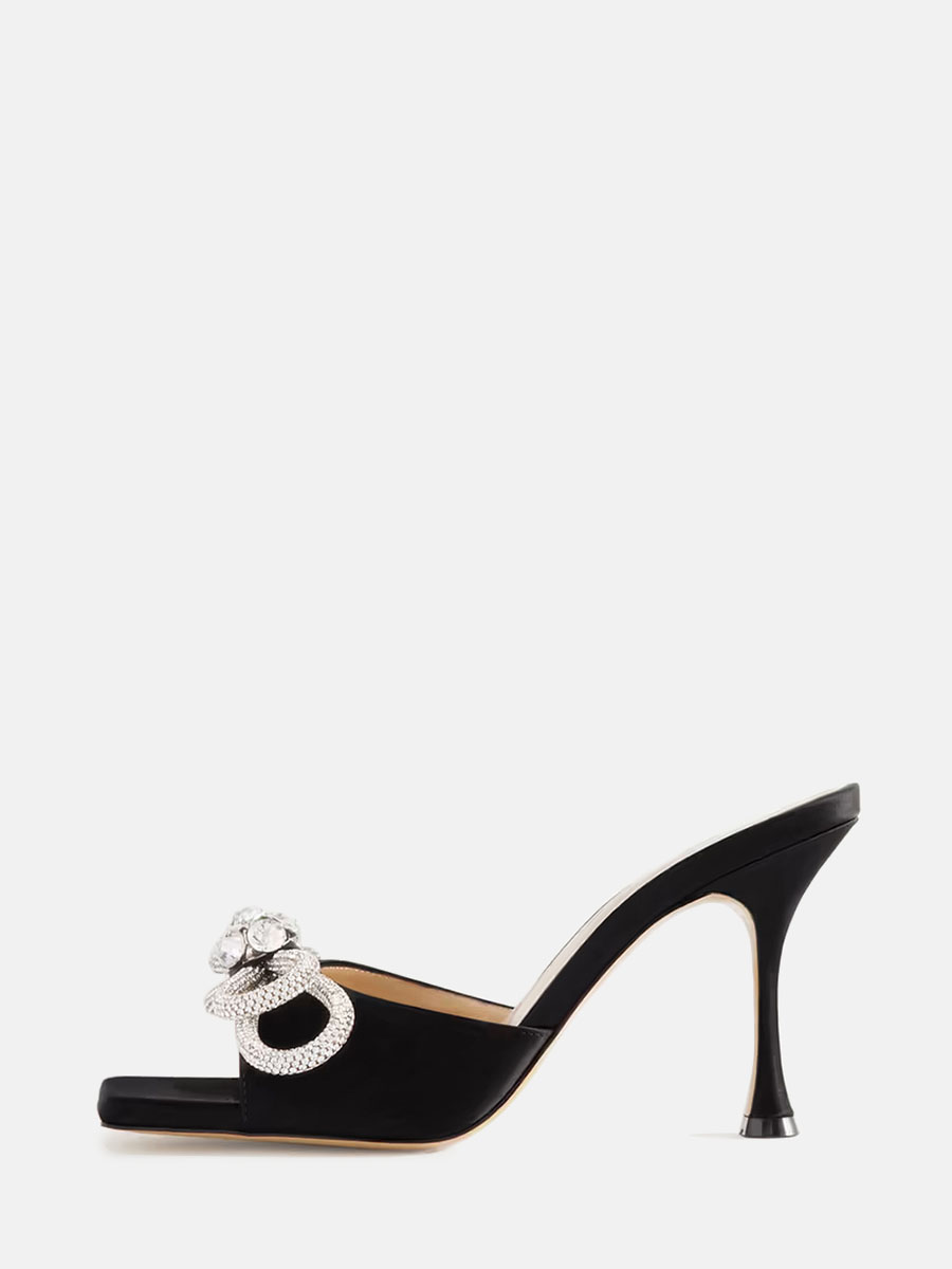 Women's Satin Rhinestone Bow Square Toe Stiletto Heels Mules