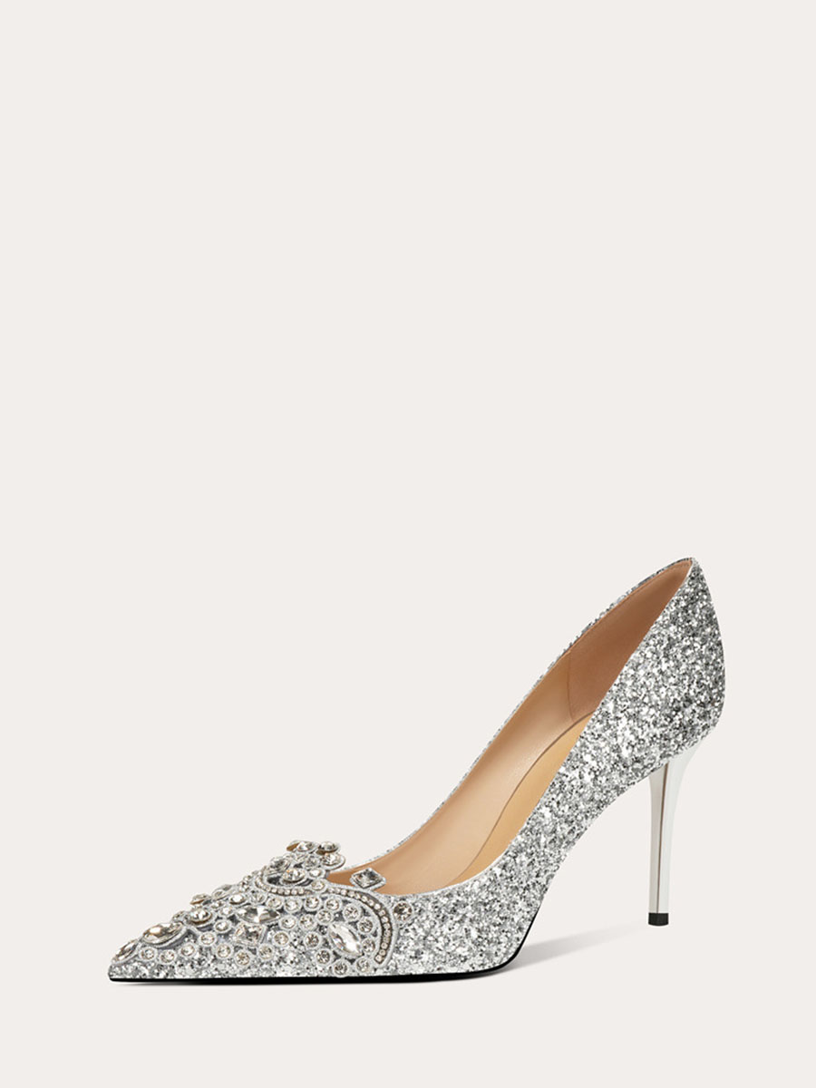 Women’s Silver Glitter Rhinestone Stiletto Heels Pointed Toe Wedding Pumps