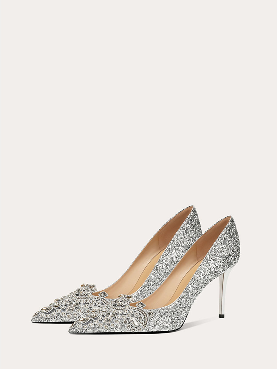 Women’s Silver Glitter Rhinestone Stiletto Heels Pointed Toe Wedding Pumps (2)
