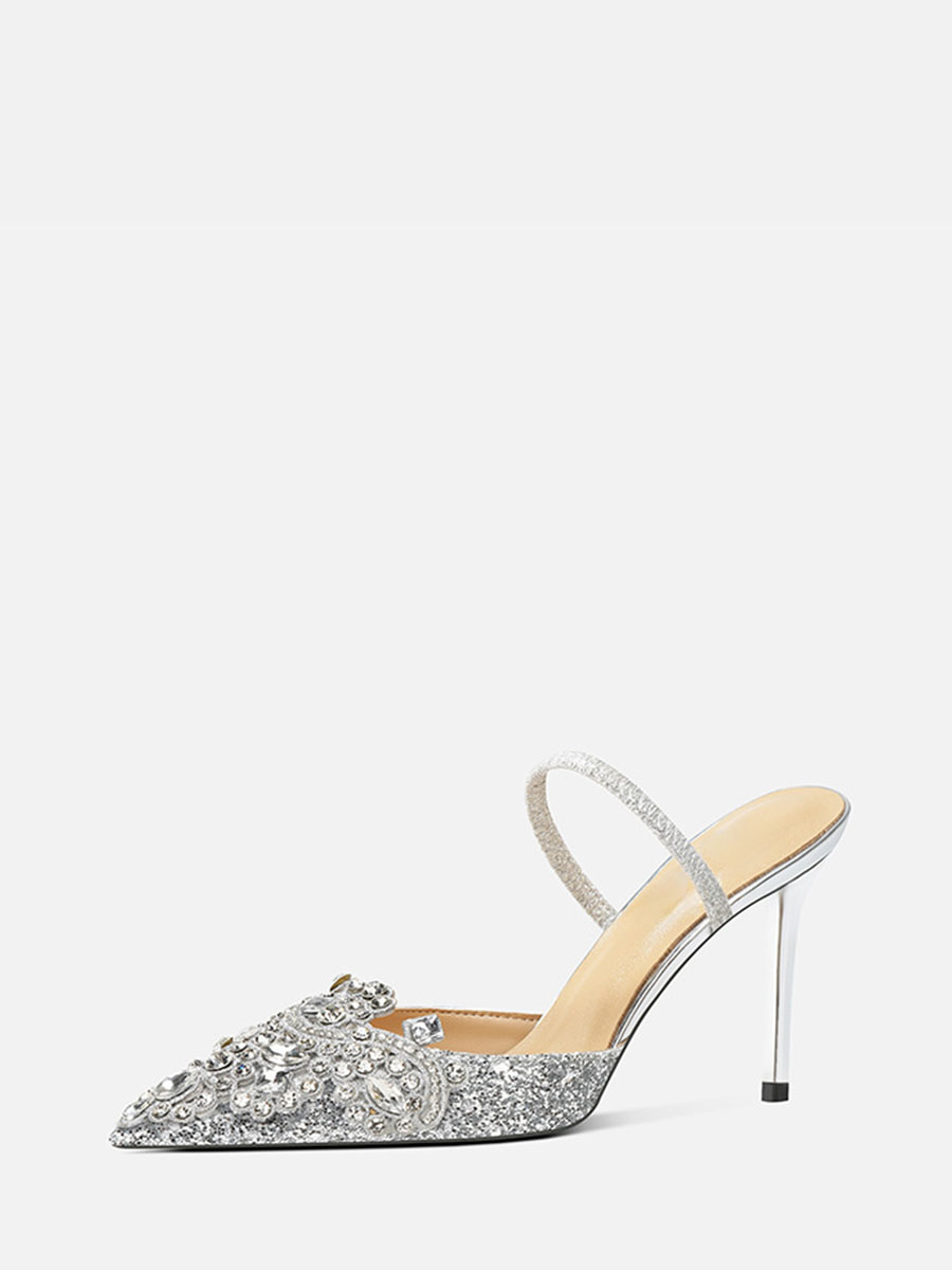 Women’s Silver Glitter Rhinestone Strap Stiletto Heels Pointed Toe Mules