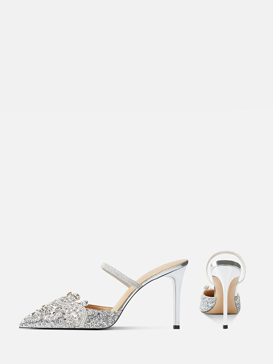 Women’s Silver Glitter Rhinestone Strap Stiletto Heels Pointed Toe Mules (2)