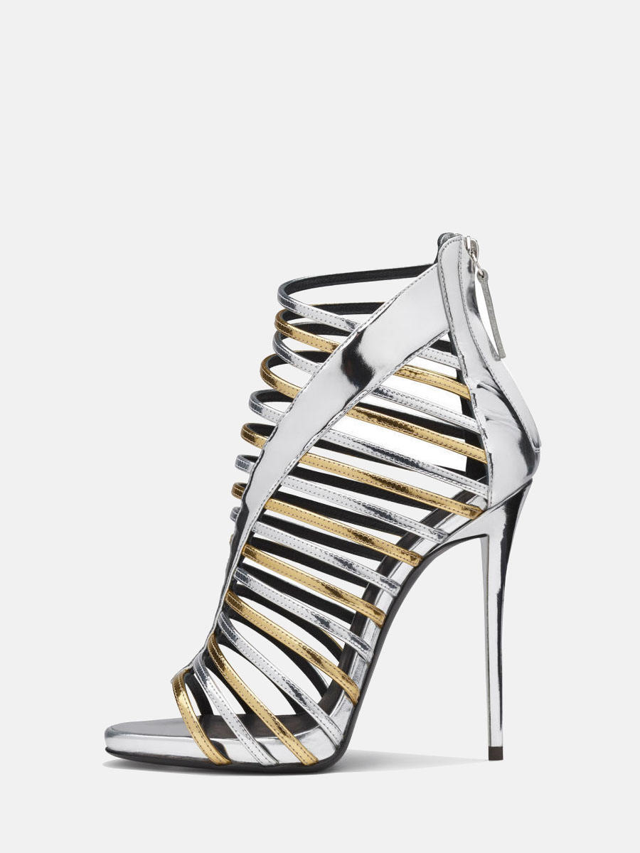 Women’s Silver Metallic PU Back Zipper Strappy Stiletto Heels Gladiator Sandals