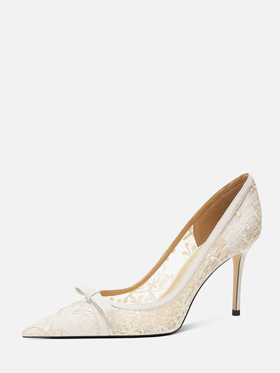 Women’s White Mesh Bows Rhinestone Stiletto Heels Pointed Toe Wedding Pumps