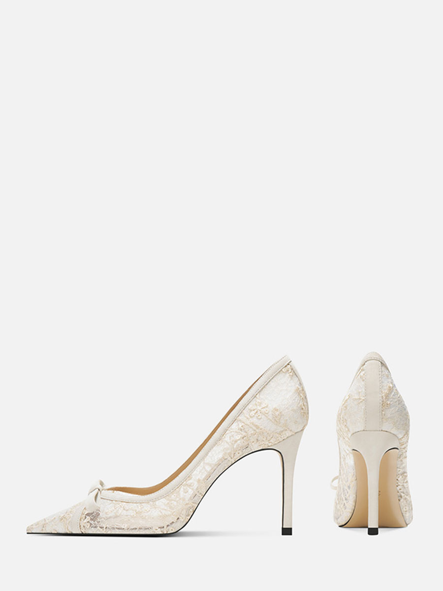 Women’s White Mesh Bows Rhinestone Stiletto Heels Pointed Toe Wedding Pumps (2)