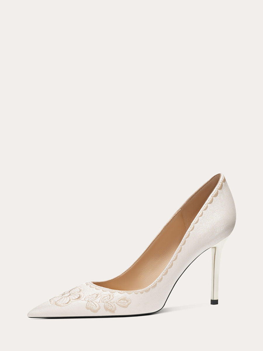 Women’s White Satin Embroidered Flower Stiletto Heels Pointed Toe Pumps