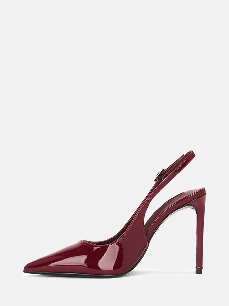 Women’s Wine Red Patent Microfiber Slingback Buckle Stiletto Heels Pointed Toe Pumps