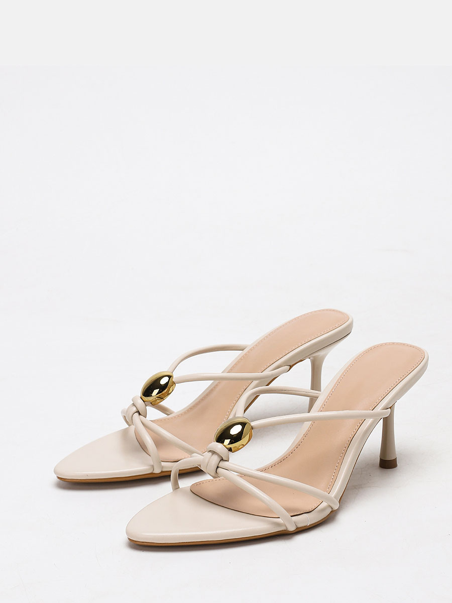 Women’s Apricot Matte Synthetic Leather Metal Design Cut-Out Stiletto Heels Open Toe Sandals