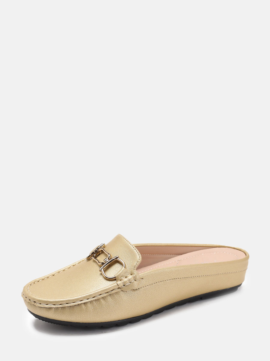 Women’s Apricot PU Buckle Round Toe Flat Heels Loafers Mules