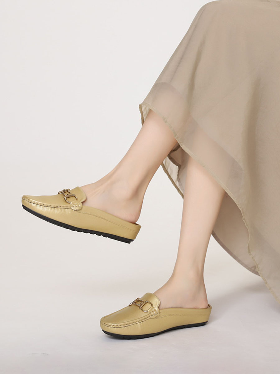 Women’s Apricot PU Buckle Round Toe Flat Heels Loafers Mules (7)