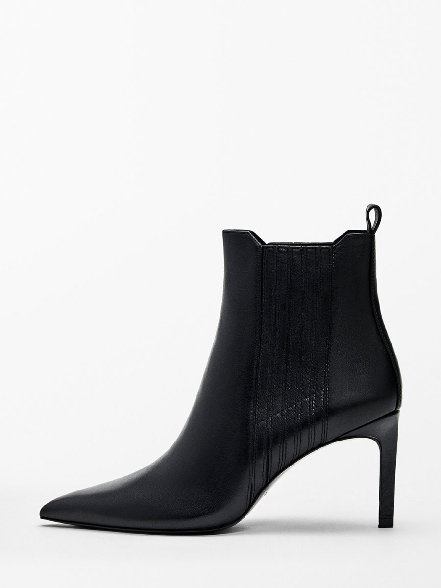Women’s Black Cowhide Leather Panel Pointed Toe Stiletto Heels Ankle Boots