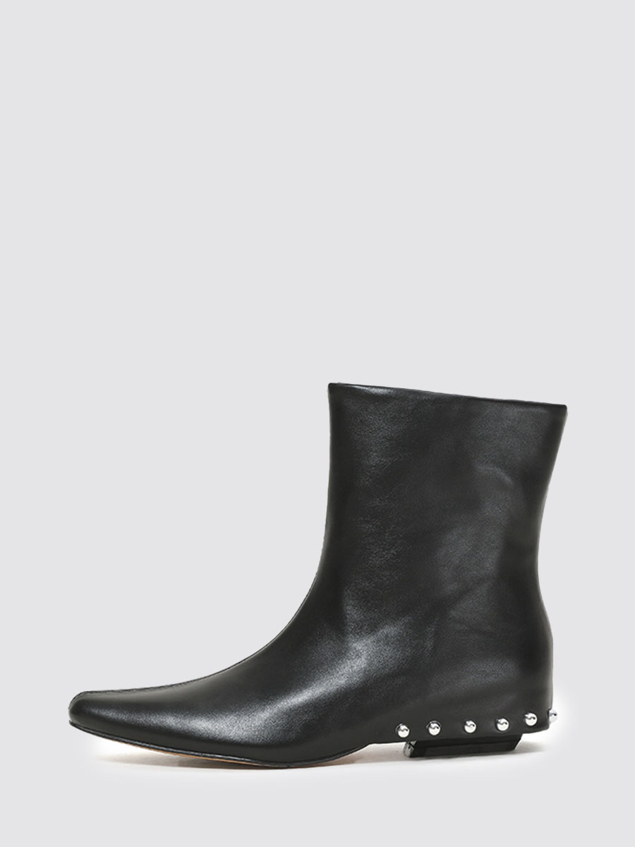 Women’s Black Cowhide Leather Studded Pointed Toe Block Heels Ankle Boots