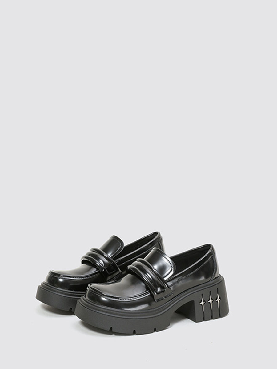 Women’s Black Cowhide Round Toe Lug Sole Platform Chunky Heels Studded Detail Loafers