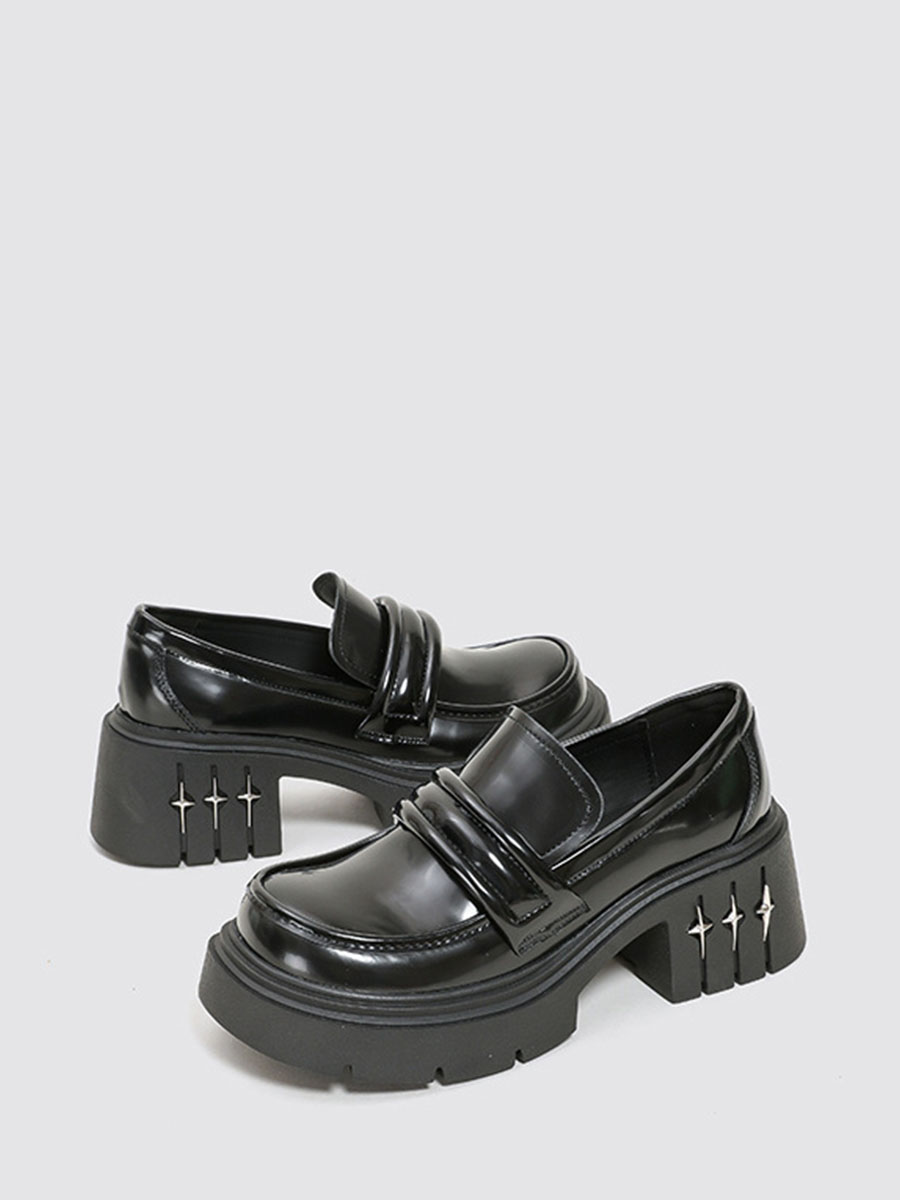 Women’s Black Cowhide Round Toe Lug Sole Platform Chunky Heels Studded Detail Loafers (2)