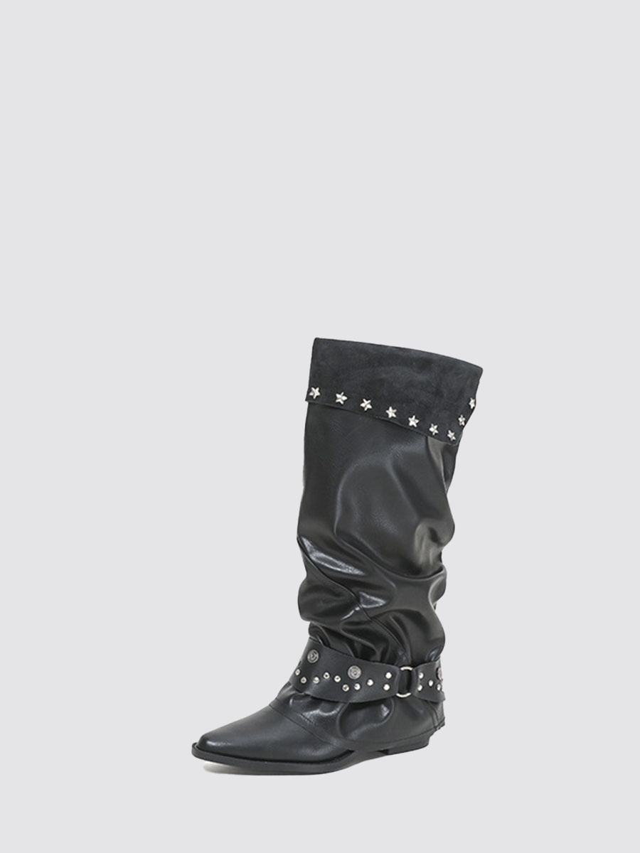 Women’s Black Cowhide Studded Strap Buckle Pointed Toe Block Heels Mid Calf Slouchy Boots