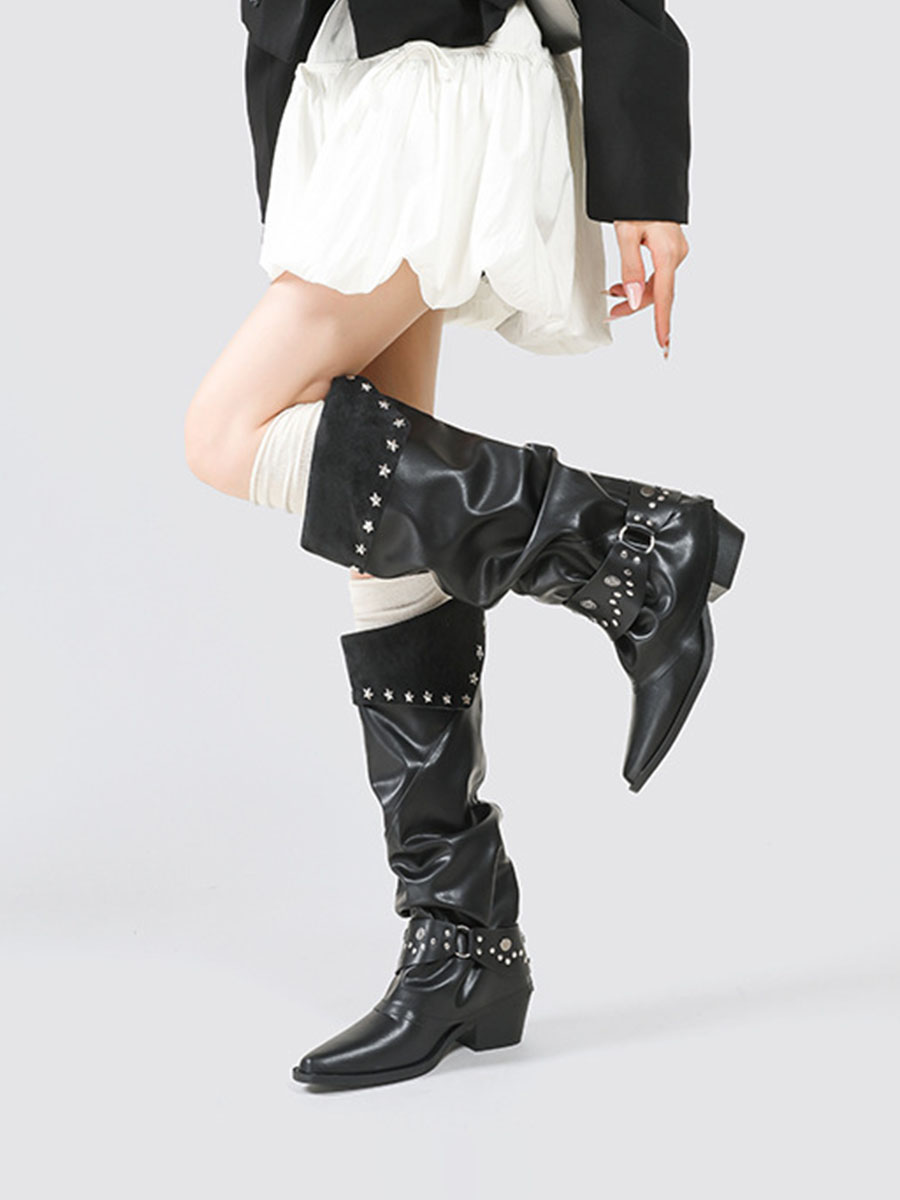 Women’s Black Cowhide Studded Strap Buckle Pointed Toe Block Heels Mid Calf Slouchy Boots (5)