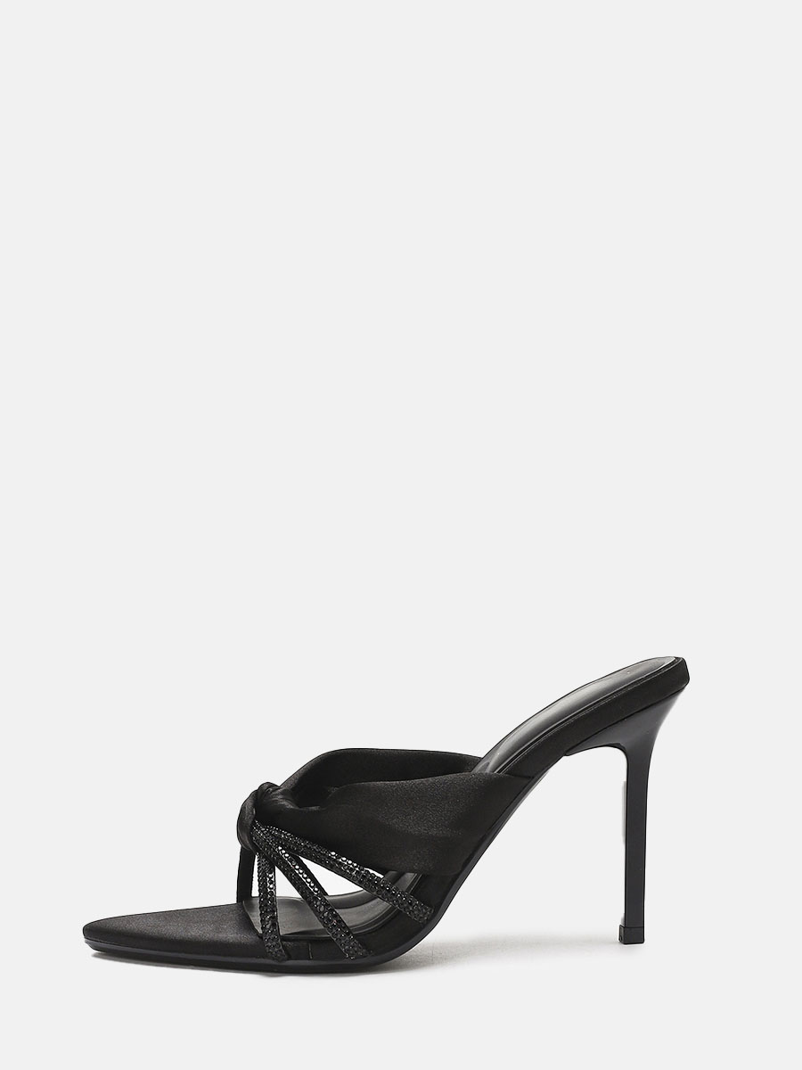 Women’s Black Fabric Rhinestone Knotted Strappy Stiletto Heels Open Toe Sandals