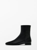 Women’s Black Leather Side Zipper Flat Heels Square Toe Ankle Boots
