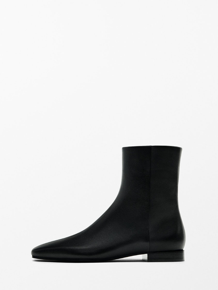 Women’s Black Leather Side Zipper Flat Heels Square Toe Ankle Boots