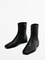 Women’s Black Leather Side Zipper Flat Heels Square Toe Ankle Boots