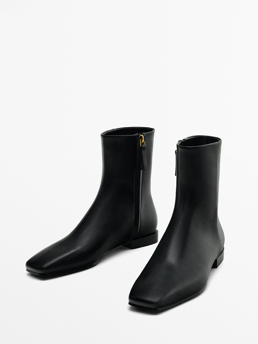 Women’s Black Leather Side Zipper Flat Heels Square Toe Ankle Boots (2)