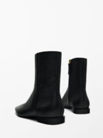 Women’s Black Leather Side Zipper Flat Heels Square Toe Ankle Boots