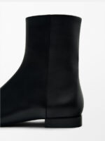 Women’s Black Leather Side Zipper Flat Heels Square Toe Ankle Boots