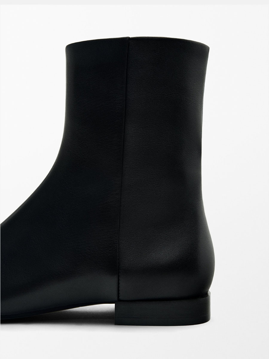 Women’s Black Leather Side Zipper Flat Heels Square Toe Ankle Boots