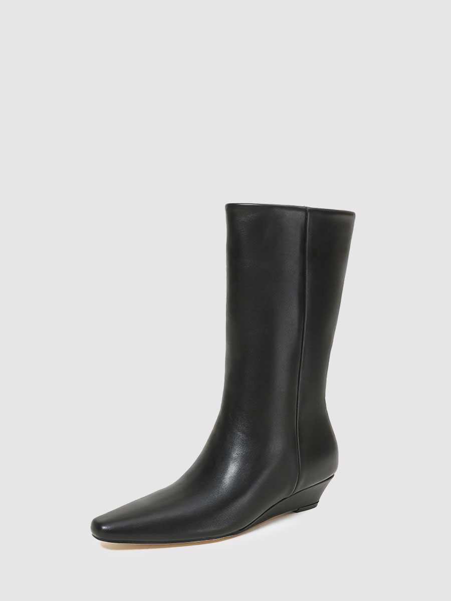 Women’s Black Matte Cowhide Leather Pointed Toe Wedge Heels Mid Calf Boots