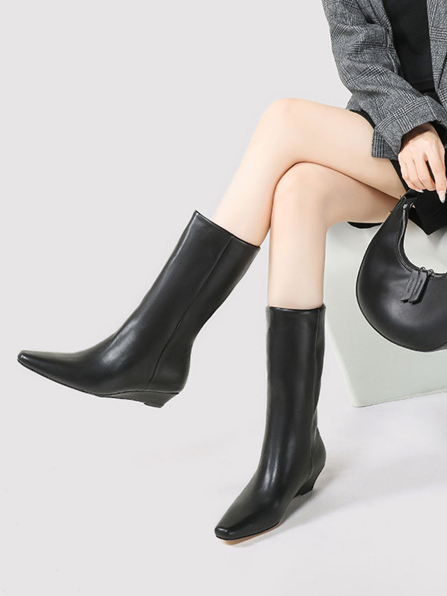 Women’s Black Matte Cowhide Leather Pointed Toe Wedge Heels Mid Calf Boots (5)